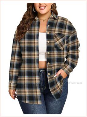 Plus Size Flannel Plaid Shirt Long Sleeve Button Down Blouse